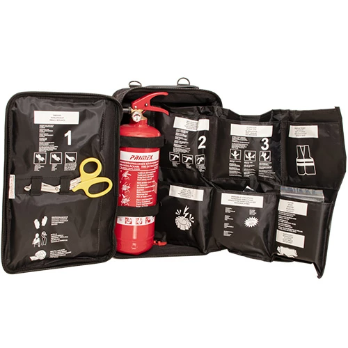 Första hjälpen väska med skyddsutrustning: Sårvård, Brandsläckare, Blixtpuck, Ficklampa, Reflexväst. 