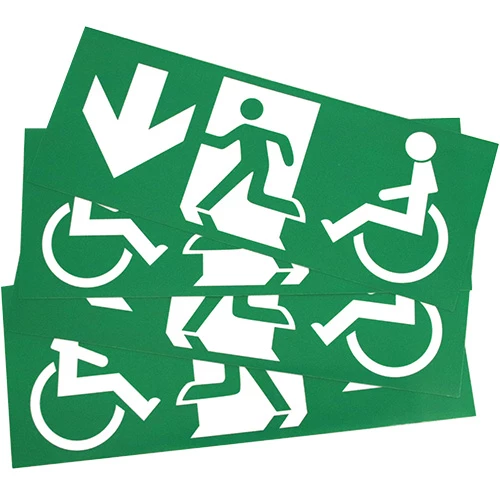 Piktogramset med rullstol för nödljusarmatur Linus, hänvisningspil åt fyra olika håll
