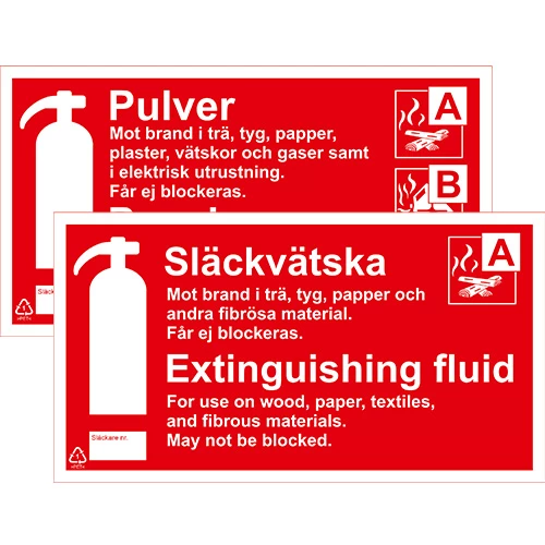 Tilläggsskylt dubbelsidig plastskylt pulver släckvätska powder extinguishing fluid svensk engelsk
